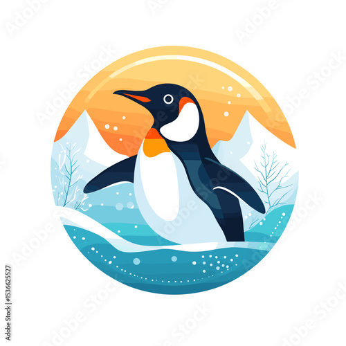 Penguin swimming in icy waters with snow-covered mountains in background  