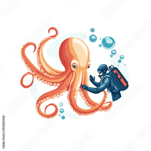 Diver interacting with an octopus underwater surrounded by bubbles  
