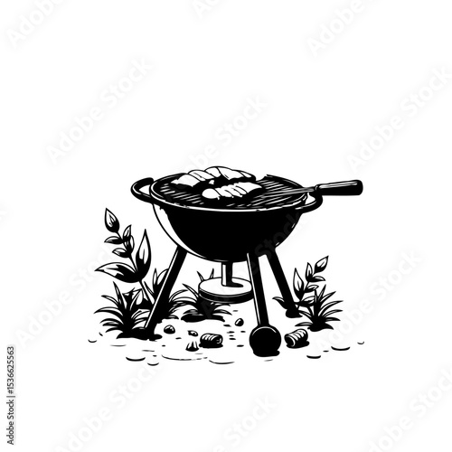 Grilling in the Garden: A Classic Barbecue Scene Depicted in Black and White Line Art