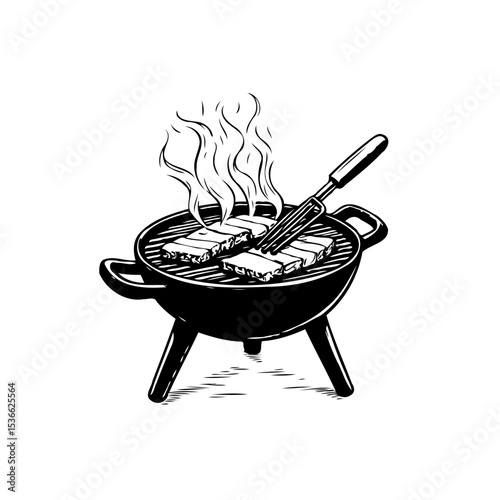 Monochrome illustration of grilling meat on a barbecue for outdoor cooking