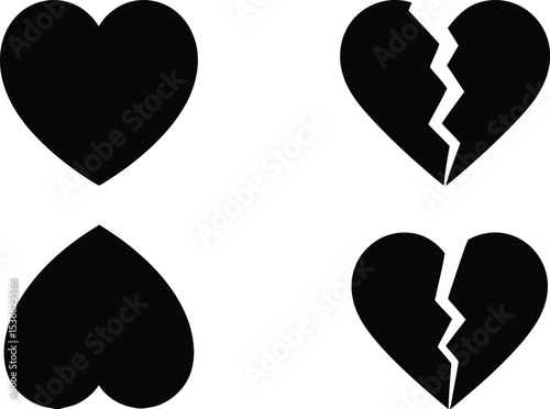 Four Heart Shapes Whole and Broken Hearts in Black on a White Background