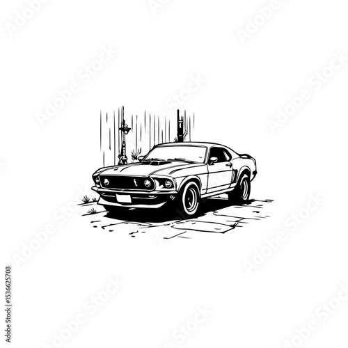 Black and White Illustration of a Classic Muscle Car Against Rustic Wood Background