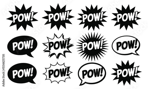 Twelve black and white pow comic book speech bubbles