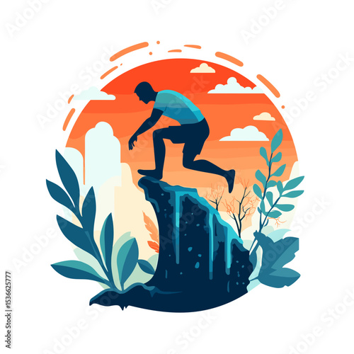  Man hiking on cliff edge at dramatic sunset
