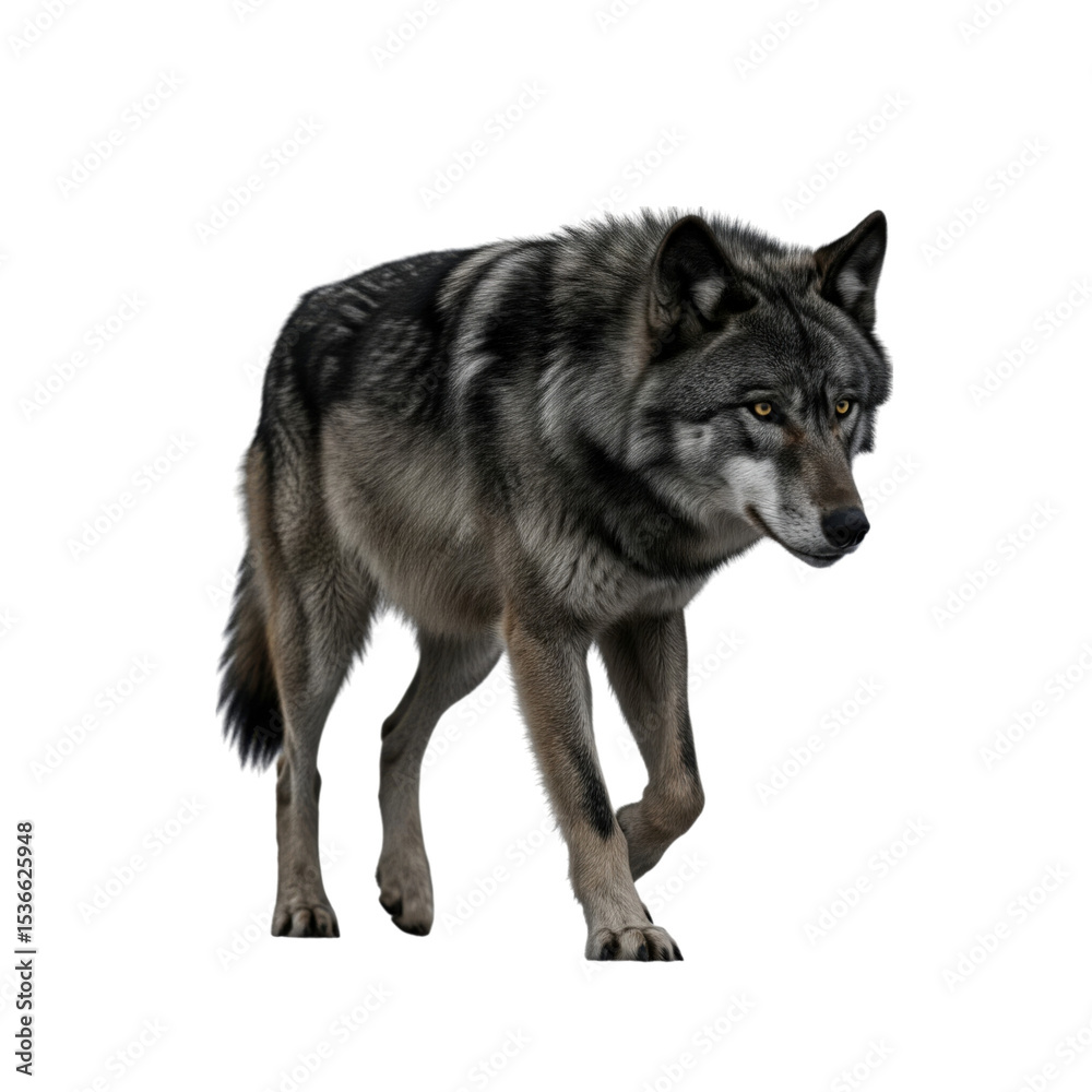 Fototapeta premium Captivating solitary wolf portrait displaying distinctive features on a dark backdrop