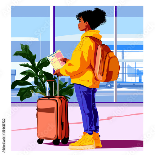 Young black woman standing with suitcase and travel documents indoors  