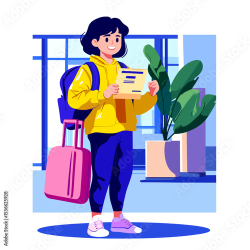 Female traveler with suitcase holding boarding pass