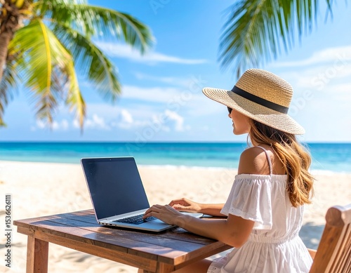 A young woman working remotely from a tropical beach resort, laptop on a wooden table, sunny weather, clear blue sky, palm trees, relaxed and productive vibe, high quality, editorial-free background