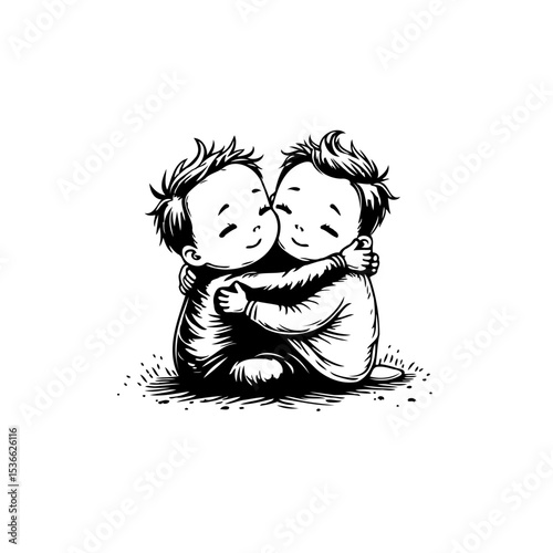 Charming Illustration of Two Adorable Babies Embracing with Joyful Expression