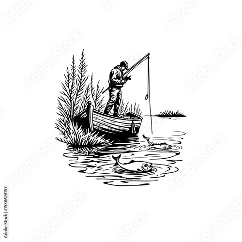 A serene black and white sketch captures a fisherman in his boat, casting his line