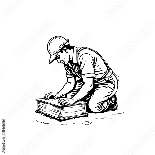 Monochrome vector illustration of a worker kneeling and working on a stone block