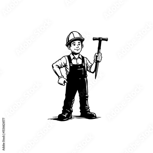 Cartoon builder with a safety helmet and tool in his hand, vector illustration