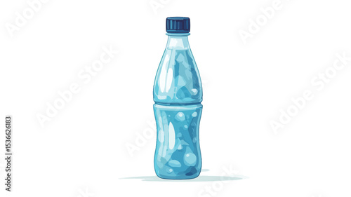 A digital illustration of a clear plastic bottle filled with water.  The bottle is depicted in a slightly stylized manner, with visible bubbles within the water. The bottle has a dark blue cap and