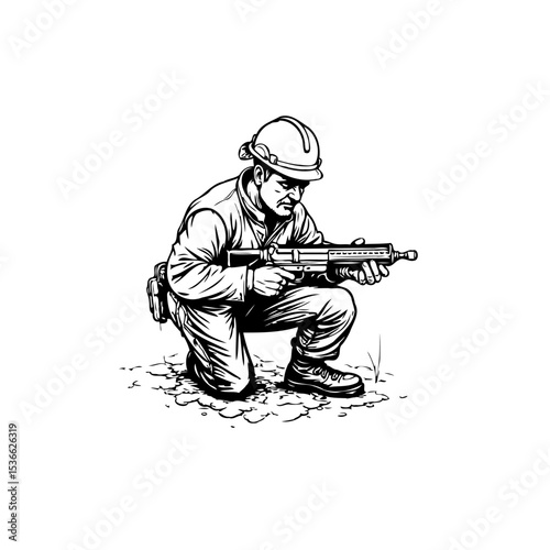 A worker in uniform and hard hat holding a rifle in a kneeling position sketch
