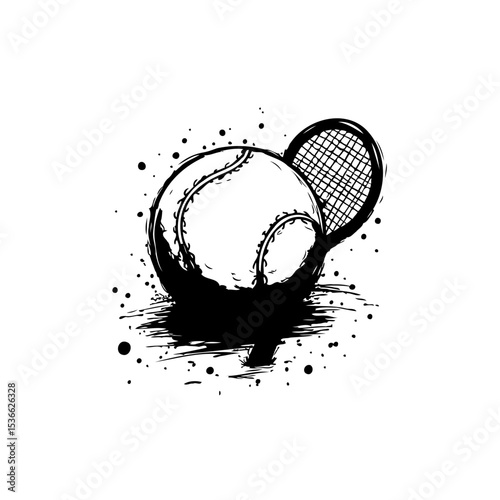 Abstract Black and White Tennis Ball and Racket Illustration with Splash Effect