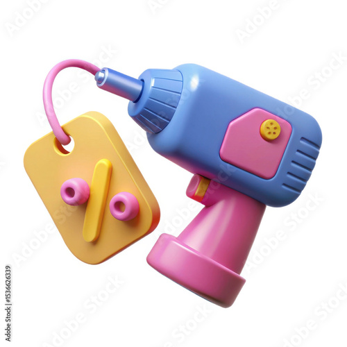 3d cartoon drill with percentage sign tag isolated on white background