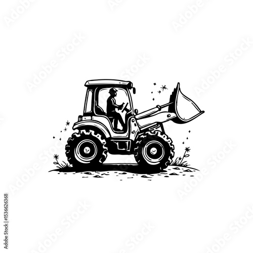 Illustration of a tractor with a driver in black and white minimalist style