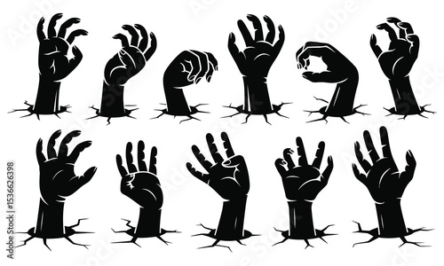 Twelve zombie hands emerging from cracks
