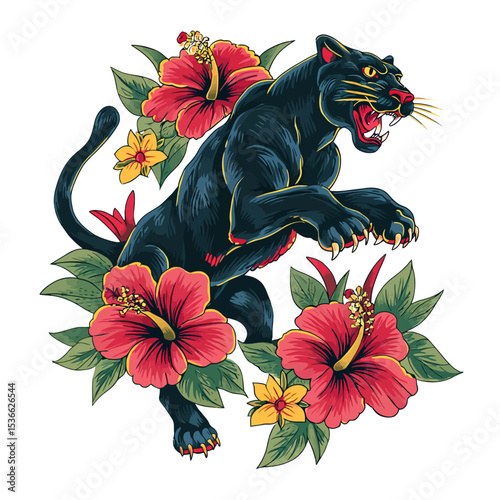 Black panther with tropical hibiscus flowers in traditional tattoo style. Bold neo-traditional design perfect for body art, apparel graphics, and decorative artwork