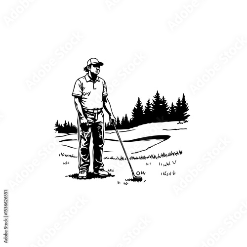 Golf Silhouette: A Golfer Ready to Swing on the Green Course with Nature Scenery
