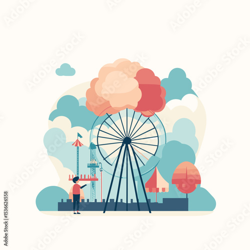 Amusement park scene with a ferris wheel and colorful clouds  