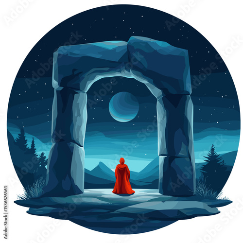 Mysterious figure in red cloak standing under stone arch at night  
