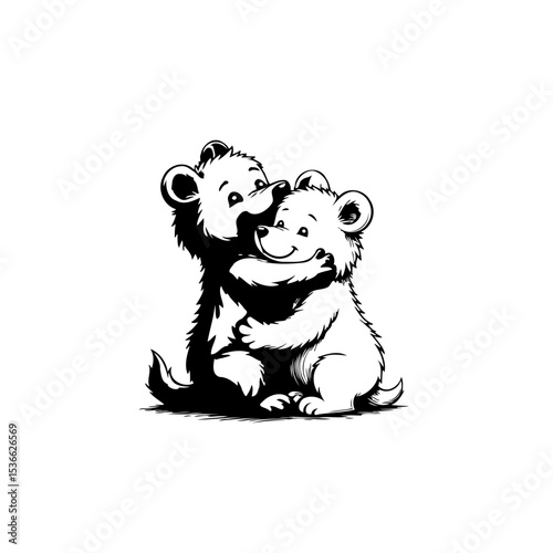 Adorable Embracing Bears: A Delightful Black and White Cartoon Illustration