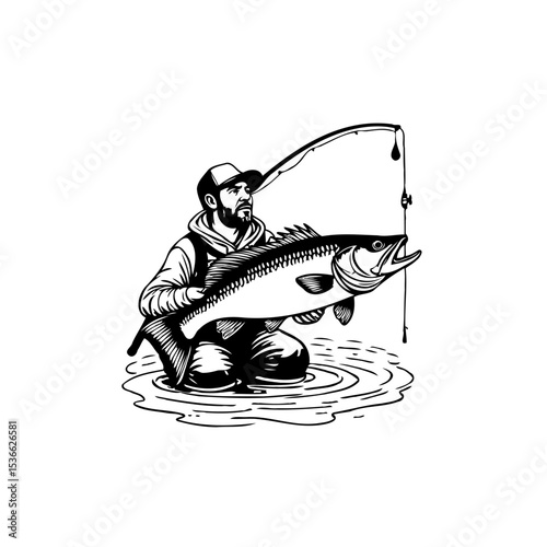 Black and White Illustration of Fisherman Catching a Large Fish in Water