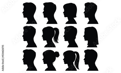 Twelve profile silhouettes of men and women