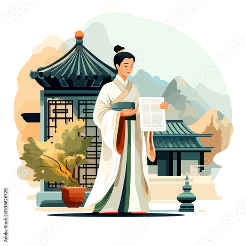 Young Asian woman reading scroll in traditional outfit outdoors  