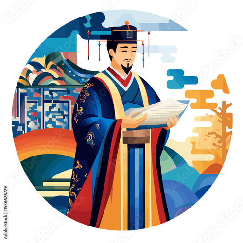 Traditional Asian man reading scroll in colorful landscape  