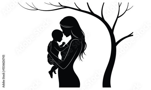 Silhouette of mother and baby under a tree