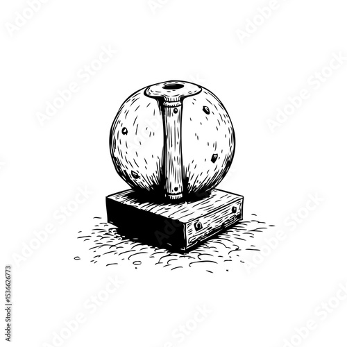 Monochromatic sketch of an antique spherical object displayed on a wooden stand