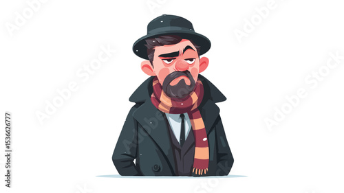 A cartoon illustration depicts a man with a dark fedora, a dark coat, and a striped scarf. He has a beard, mustache, and is winking with a slightly grumpy expression. The style is cartoonish and