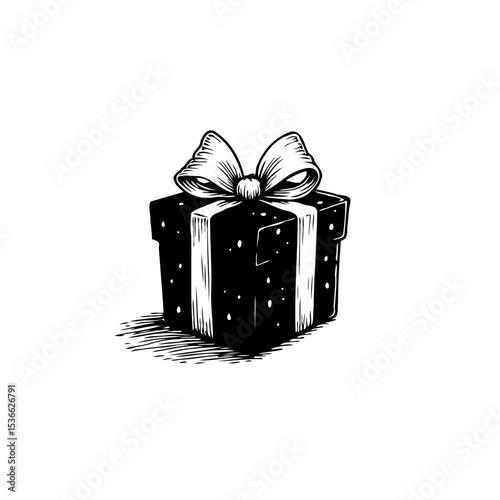Elegant monochrome gift box with ribbon bow, perfect for holiday greetings and presents