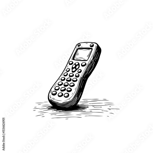 Monochrome drawing of a remote control device with many buttons for electronics