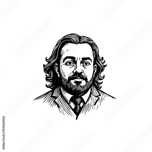 Vintage portrait of a man with long hair and beard in etching style