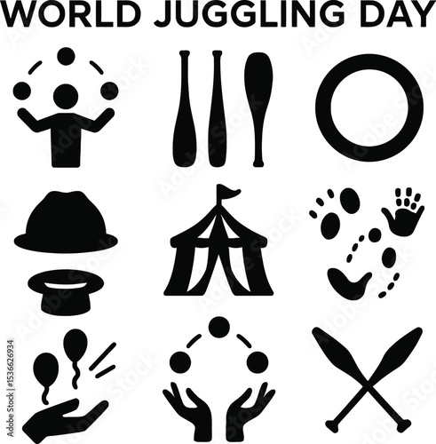 Black silhouette icon set for World Juggling Day. Includes solid black icons of a person juggling balls, juggling pins, rings, clubs, juggling hats, a circus tent, juggling patterns, balanced juggling