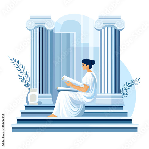 Woman in white toga sitting and reading scrolls by ancient columns  