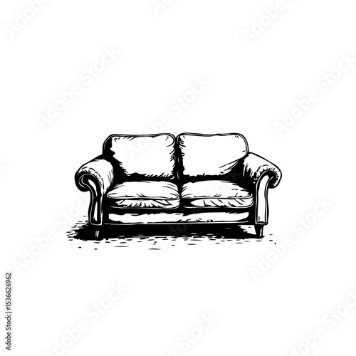 Elegant Hand-Drawn Sofa Illustration with Detailed Shading and Artistic Flair