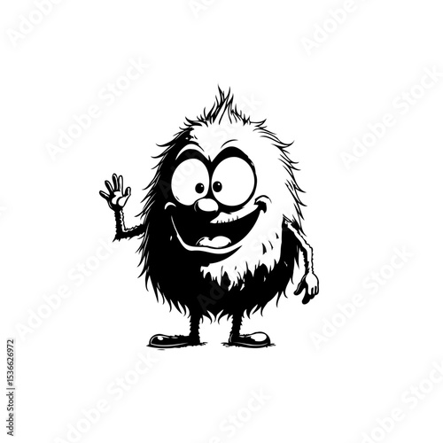 Funny cartoon furry creature with a friendly wave on a white background