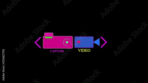 Glowing a striking neon capture icon illuminated in vibrant pink or navy blue colors against a dark background. A striking  embodying modern design digital creativity, film, and capturing the essence.