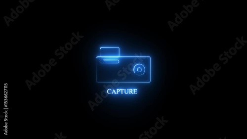 Glowing a striking neon capture icon illuminated in vibrant blue colors against a black background. A striking  embodying modern design digital creativity, film, and capturing the essence.