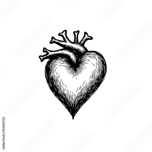 Detailed anatomical heart illustration with arteries in vintage sketch style