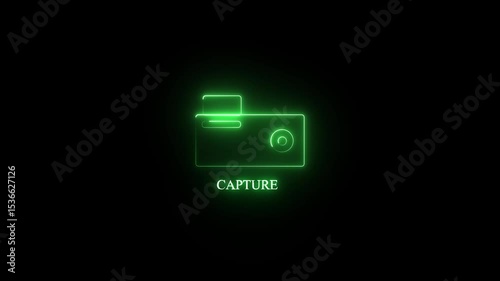 Glowing a striking neon capture icon illuminated in vibrant green colors against a dark background. A striking  embodying modern design digital creativity, film, and capturing the essence.