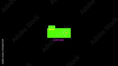 Glowing a striking capture icon illuminated in vibrant colors against a black background. A striking  embodying modern design digital creativity, film, and capturing the essence.