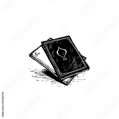 Monochrome Ink Illustration of Two Playing Cards with Spade Symbol and Ornate Design