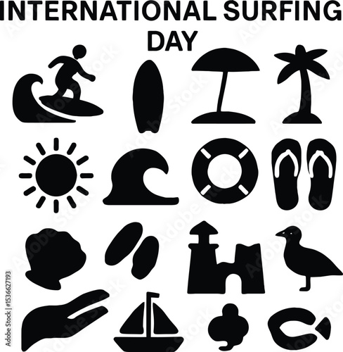 Black silhouette icon set for International Surfing Day. Includes solid black icons of a surfer riding a wave, surfboard, beach umbrella, palm tree, sun, ocean wave, lifebuoy, flip flops, seashell, li