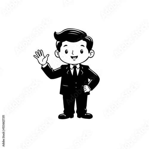 Cartoon businessman waving with a friendly smile, ideal for presentations and websites