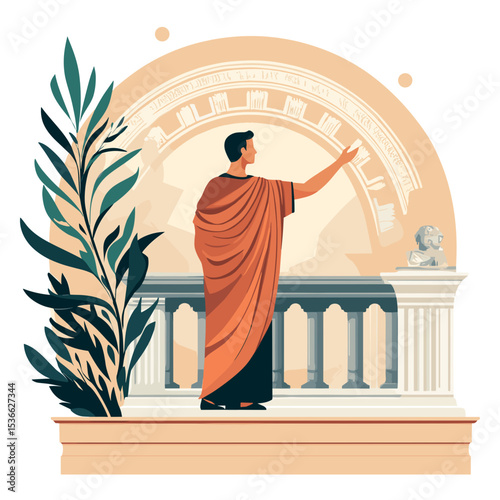 Roman man gesturing in toga with columns and decorative plants  